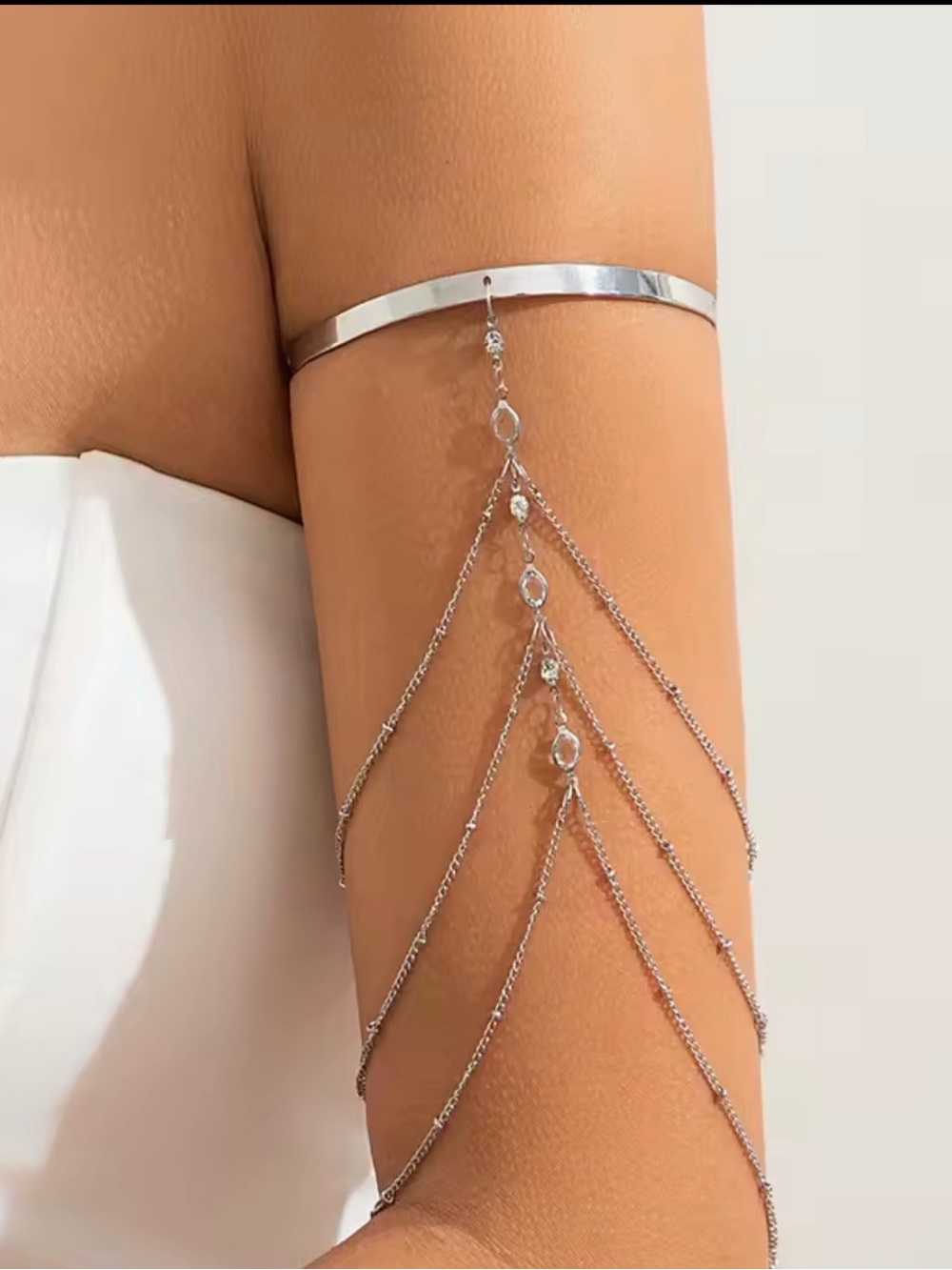 Elegant Silver Arm Chain with Draped Crystal Accents - Women Jewelry